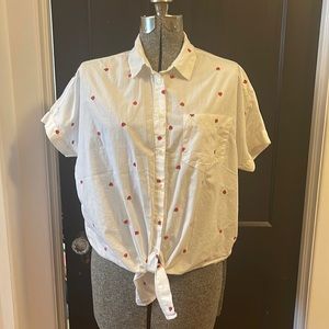 Madewell Strawberry embroidery tie front shirt